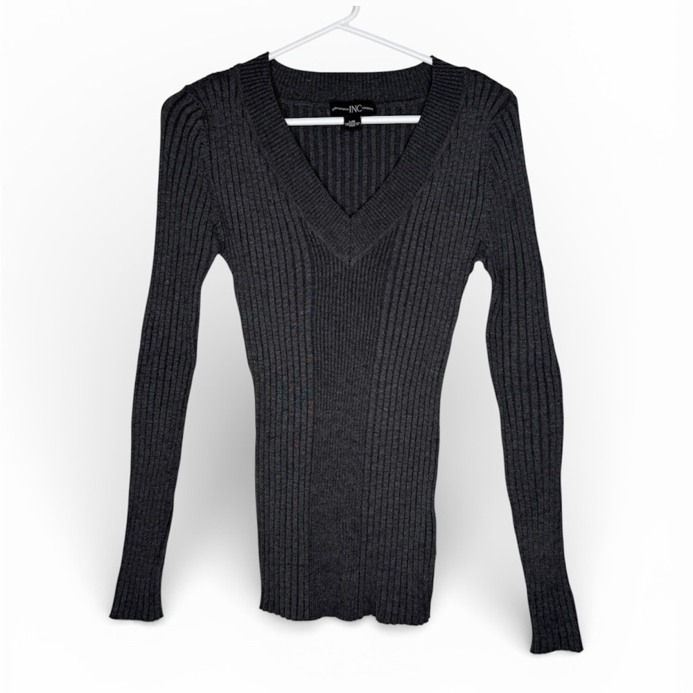 INC International Company Women’s Charcoal Ribbed V-Neck Sweater Large
